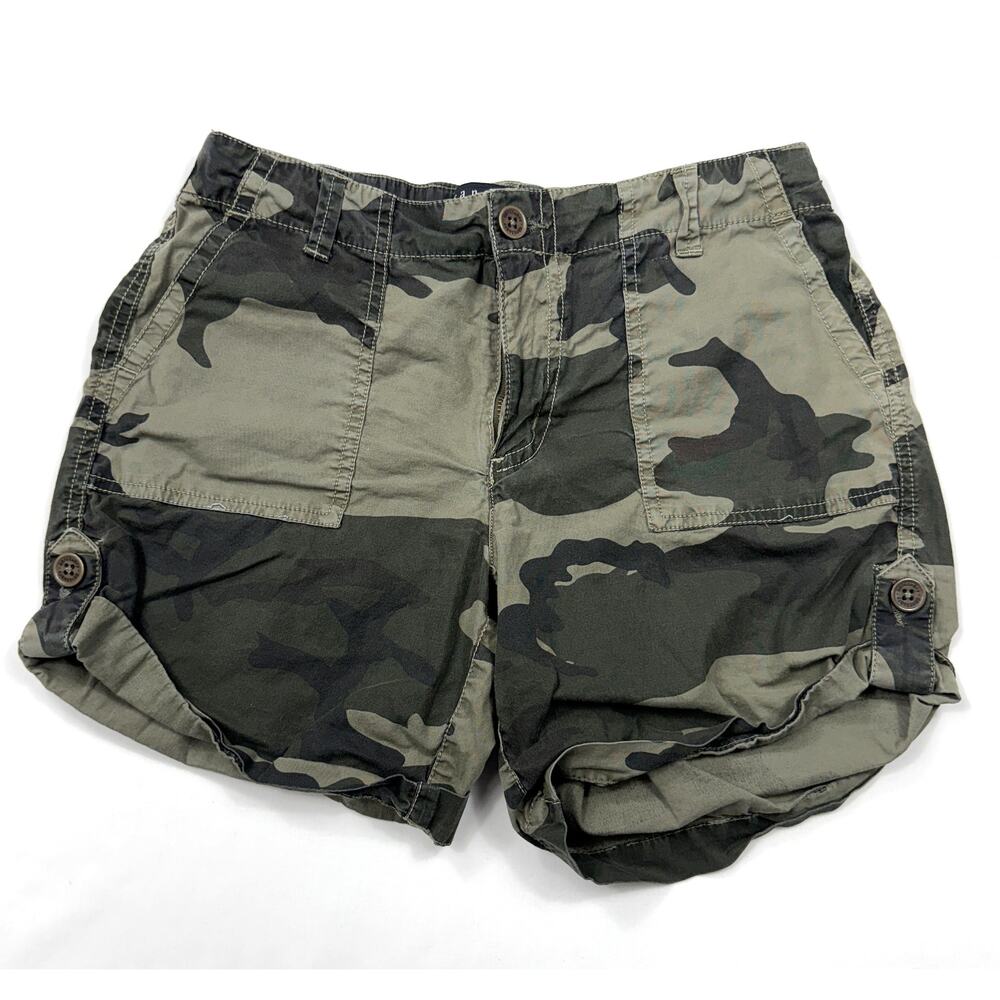 Sanctuary green camo utility cargo shorts cotton roll-up cuff